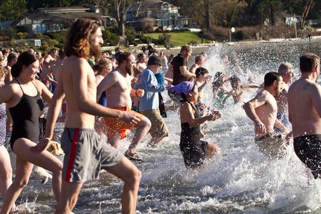 The 2015 crop of Bainbridge Island 'Polar Bears' emerge from the chilly waters at Lytle Beach after taking the plunge on Jan. 1.