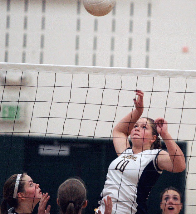 The Spartans' Tess Haskin elevates for a return in Monday's Metro League matchup against Seattle Prep. The Spartans won