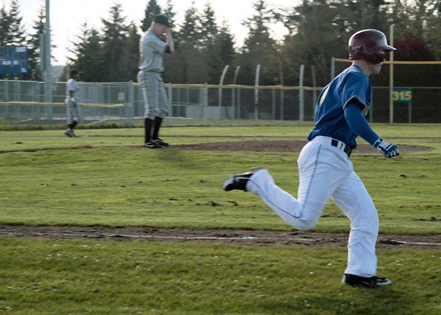 Bainbridge’s Sam Tiffany runs to first base. Tiffany finished the game with three at bats and two hits with one RBI.