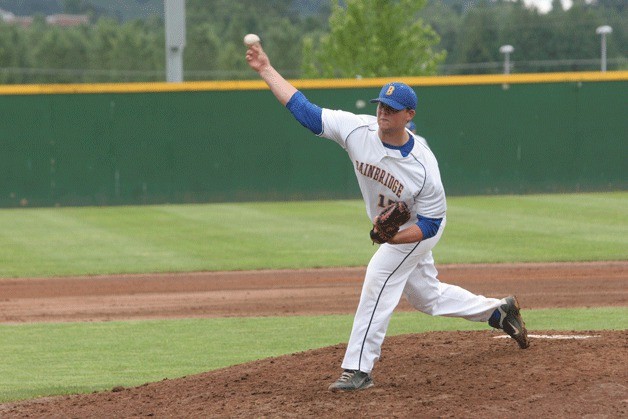 Spartan pitcher Will Houser releases a pitch during the Bainbridge-Bonney Lake matchup at state.