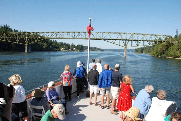 The steamboat Virginia V approaches Agate Pass Bridge during a benefit cruise for the Bainbridge Island Historical Museum.