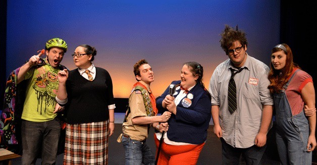 (From Left) Ryan O’Donnell as Leaf Coneybear; Lauren Stone as Marcy Park; James Sgambati as Chip Tolentino; Michelle Abad as Loggaine Schwartzandgrubenierre; Justin Lynn as William Barfee and Colleen Gillon as Olive Ostrovsky.