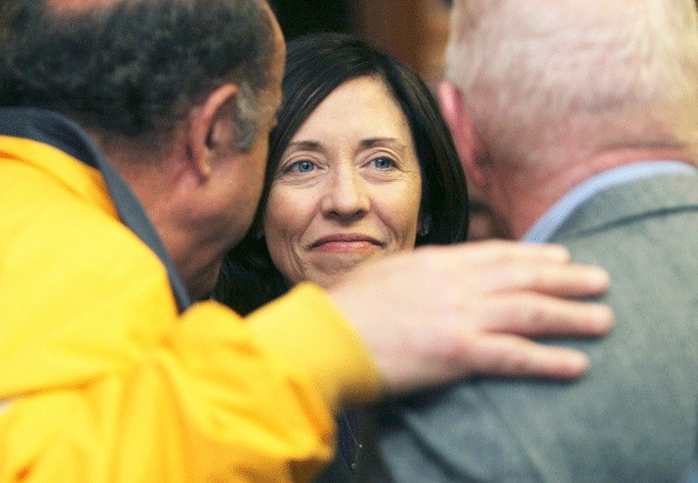 U.S. Sen. Maria Cantwell meets with Bainbridge Islanders during a campaign visit to the island Monday.