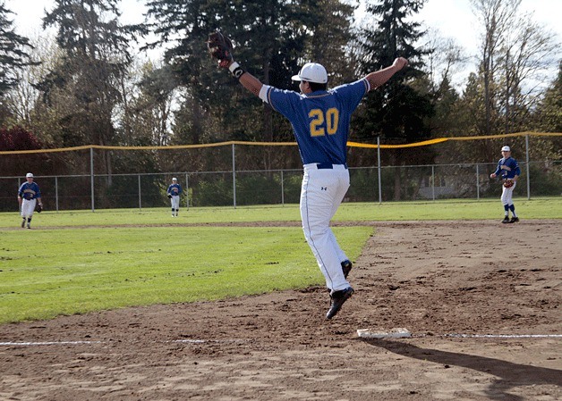 Spartan slugger Tino Peleti jumps for joy in his position at first base as BHS pitcher Brett Green strikes out a third Lakeside player