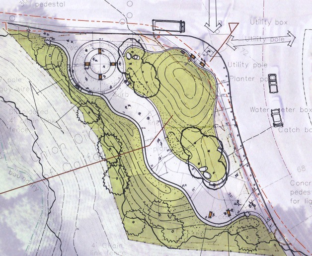 The initial design for the park on the corner of State Route 305 and Winslow Way. Olympic Drive leading to the ferry is on the right. Winslow Way is above.