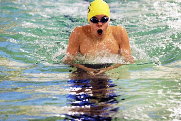 Sam Alpaugh competes in the 200-yard IM during the boys swimming and diving meet against Franklin at the Bainbridge Island Aquatics Center. Alpaugh claimed third place in the race.