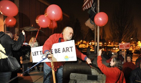 Brad Camp/File Photo Supporters for the “cultural element” on Bainbridge Island gather in front of City Hall Nov. 23. to ask the City Council to adjust the 2010 budget from the proposed $136