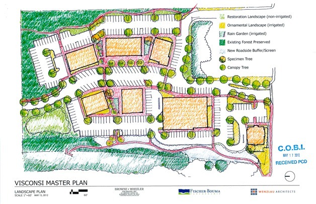 A landscape plan for the proposed shopping center shows areas of the existing forest that will be preserved