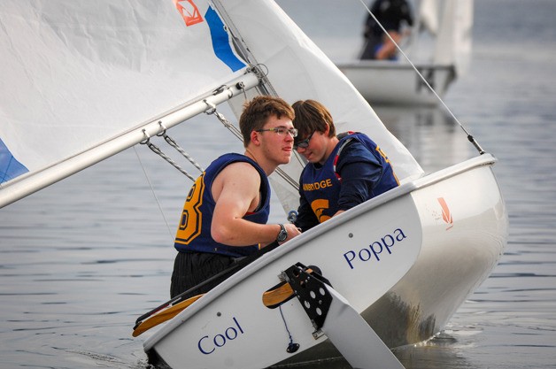 Spartan skipper Blake Bentzen and crewmember Quinn Ring make the best of the light wind conditions at the first regatta of the 2016 Northwest Interscholastic Sailing Association spring season last weekend in Silverdale.