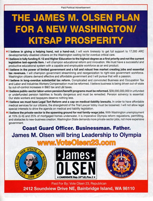 A political flier distributed last week by James Olsen's campaign for the 23rd District has been found to violate state law because of the use of the state of Washington seal.