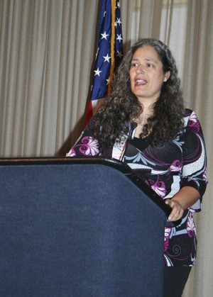 Simone Spearman speaks to the audience at the Sacramento Convention Center after receiving the California League of High Schools 2011 State High School Educator of the Year.