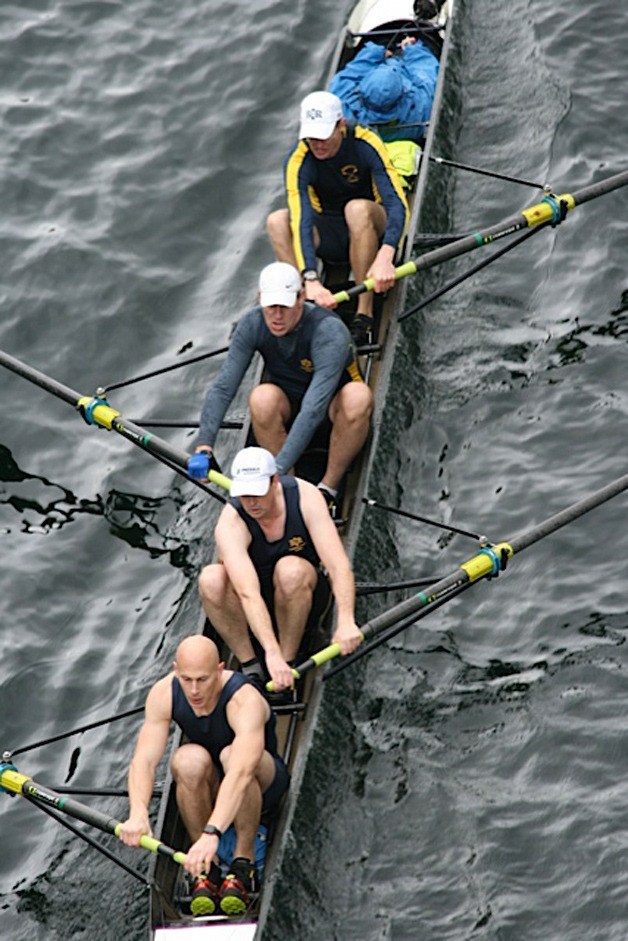 Bainbridge Island Rowing Men’s Masters Four gives it their all as they race at the recent Head of the Lake regatta in Seattle.