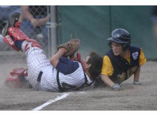 (Top) Cody Hawken slides into home in the fifth inning during the Little League District 2 championship game Monday in Gig Harbor. Bainbridge lost by the score of 10-9.  (Right) Maddy Mikami comes up throwing in the Little League District 2 title bout Monday in Poulsbo. Bainbridge lost 14-6.