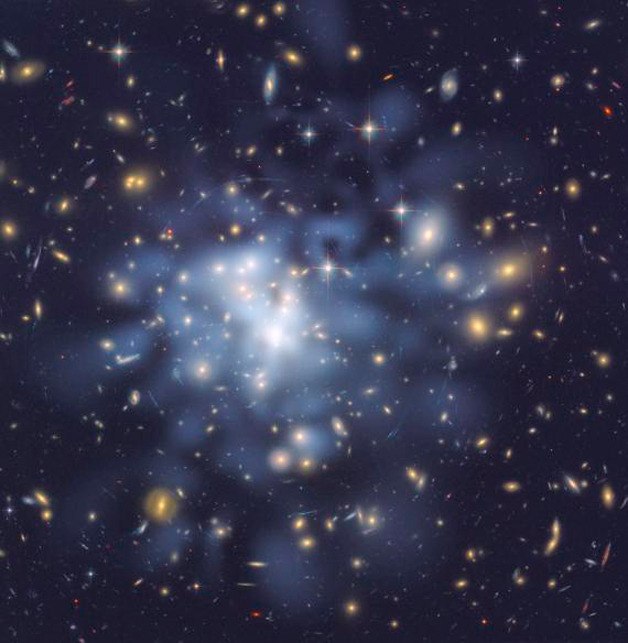 This NASA Hubble Space Telescope image shows the distribution of dark matter in the center of the giant galaxy cluster Abell 1689