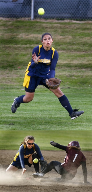 (Top) Chelsie Kakela makes a running catch in centerfield during the Metro League championship game Friday night at Lower Woodland Field in Seattle. (Bottom) Cara Thompson can’t handle a throw as Candy Button slides in safely. Bainbridge lost 5-2 to Holy Names on three big errors.