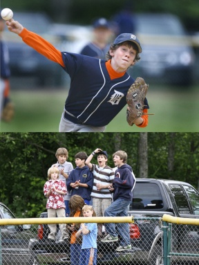 (Top) Tigers pitcher Jake Shimmin throws a pitch in their 8-3 win over the Diamondbacks in the BILL Majors championship game Friday (bottom) as fans packed Rotary Field to cheer on both teams.