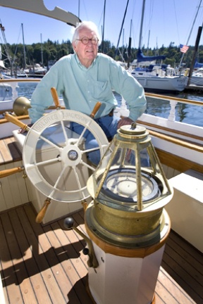 Roy Jackson sits aboard the Dolores M. Jackson