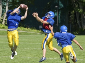 Senior Max Sandvig takes the ball away from a teammates during a drill at practice on Thursday. Bainbridge opens the 2007 season when they take on their arch-rival