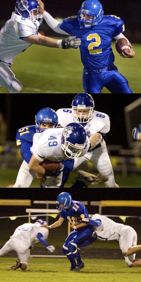 (top) Senior running back Kauika Peleti stiff arms Seattle Prep’s David Schoettler