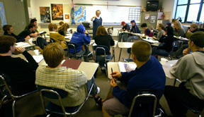 BHS teacher Kristin Henshaw must teach Japanese language classes“in the round” to cope with an overcrowded classroom.