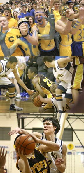 (Top) Quinton Agosta (center) makes some noise before the Bainbridge - O’Dea matchup Thursday night. The sellout crowd packed Paski Gymansium to the max capacity of 2