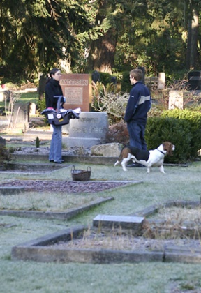 Meghan and Robert Squires visit historic Port Blakely Cemetery Monday.