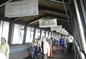 Poetry banners greet ferry riders in the Bainbridge passenger walkway.