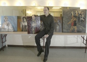 Steven Fogell and his paintings that echo the hugely successful production of “Cabaret” which he directed last year. Fogell resigned from his position as BPA’s theater school director in August.