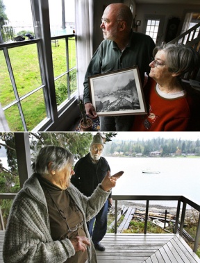 Curt and Carol Winston (above) hold a photo depicting their 127-year-old home and the mill that once dominated Blakely Harbor. They disagree with neighbors Rachel and Bob Smith (below)