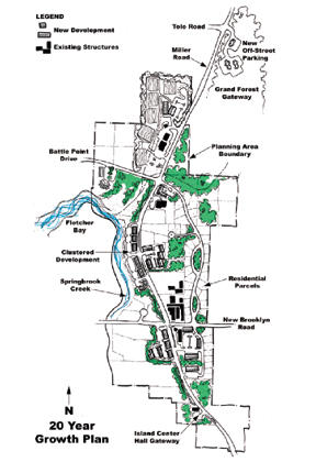 A long-term growth plan for the Island Center area. Note the new residential street that runs behind the current business district