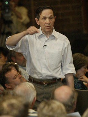 Democratic presidential candidate Dennis Kucinich speaks to a packed house at the Bainbridge High School auditorium Saturday.