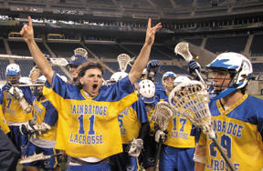 Sam Cameron lets out a victorious yell after Bainbridge defeated Mercer Island in the state championship lacrosse game. The Spartans beat the Islanders 13-8 at Seahawks Stadium