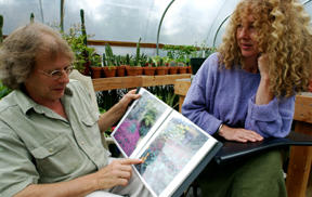 Terry Moyemont (l) and Terri Stanley put plants in the picture; the couple exhibit garden photos and have opened a geenhouse.