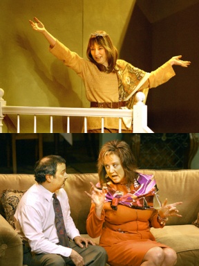 (Top) Peni (Karen Reed) makes a grand entrance during a preview for the Bainbridge Performing Arts production of “Sisters Rosensweig." Brian Danzig and Maribeth Hinderer (below) rehearse for  “The Sisters Rosensweig