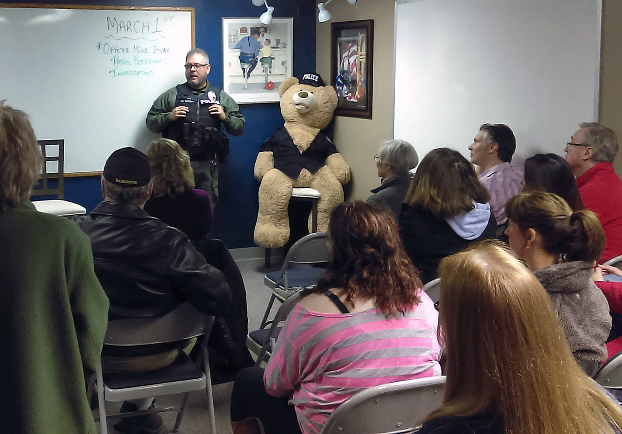 Luciano Marano | The Bainbridge Island Review — Bainbridge Island Police Officer Mike Tovar addresses the Citizen’s Police Academy last week.