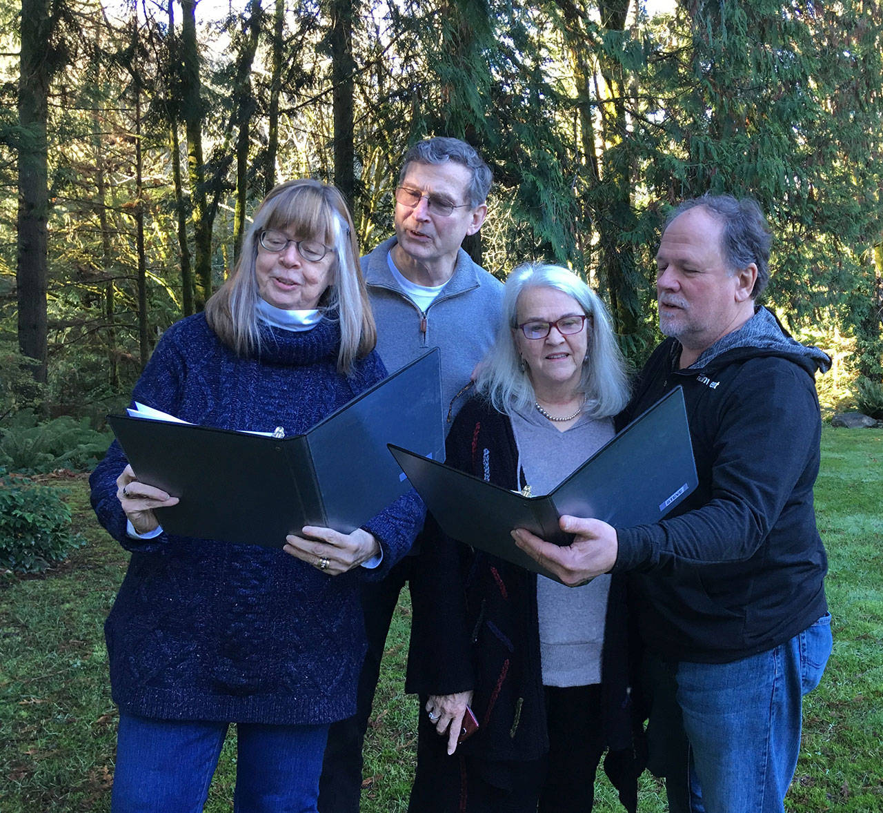 Diane Walker, Tell Schreiber, Diane Bankart and Steve Stolee rehearse for “In the Spirit.” (Photo courtesy of Island Theatre)