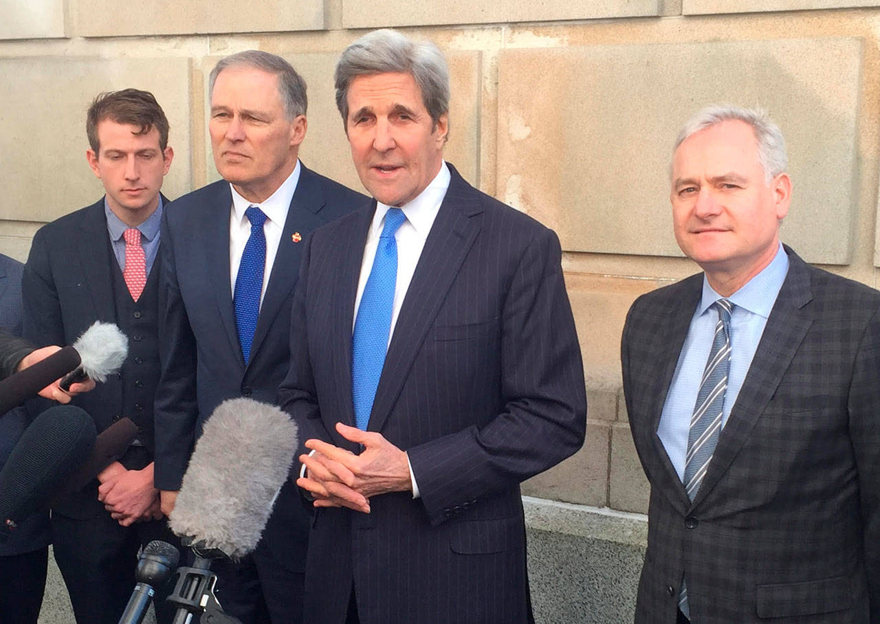 Former U.S. Secretary of State John Kerry visited Olympia Tuesday in support of Gov. Inslee’s carbon tax proposal. (Josh Kelety | WNPA Olympia News Bureau)