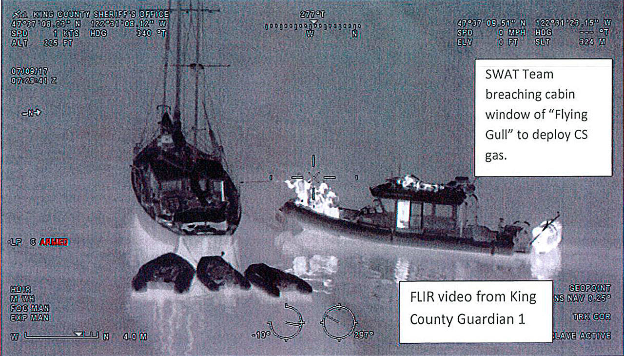 Images from King County’s Guardian 1 helicopter show the SWAT team approaching the Flying Gull. (Image courtesy of WSP)