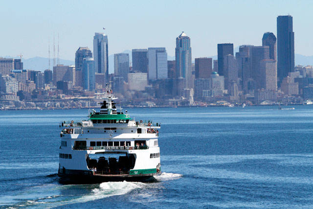 The Bainbridge ferry sails into Seattle. (Brian Kelly | Bainbridge Island Review)