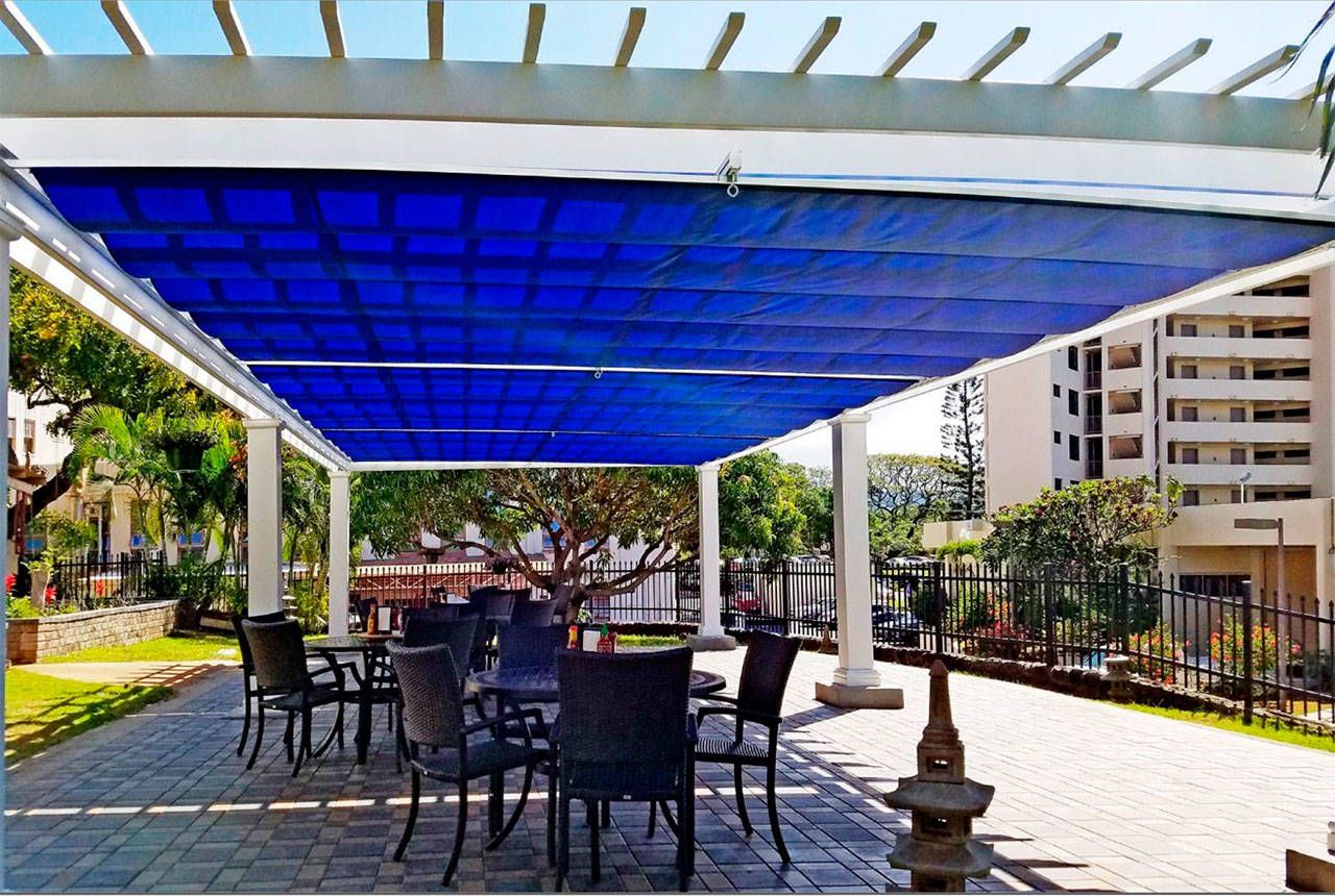 A retractable shade structure made by ShadeFX. (Photo courtesy of the city of Bainbridge Island)