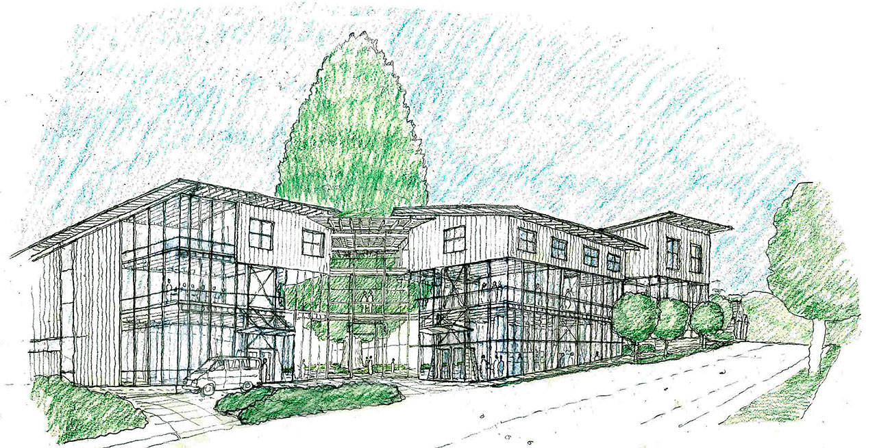 An architect’s sketch of the proposed Winslow Hotel, as seen from Winslow Way. (Image courtesy of the city of Bainbridge Island)