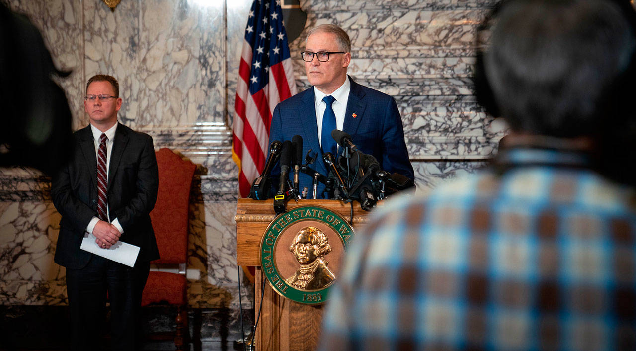 Gov. Jay Inslee answers questions at a press conference Thursday in Olympia after the governor ordered mandatory closures in 43 school districts. (Photo courtesy of the office of Gov. Jay Inslee)