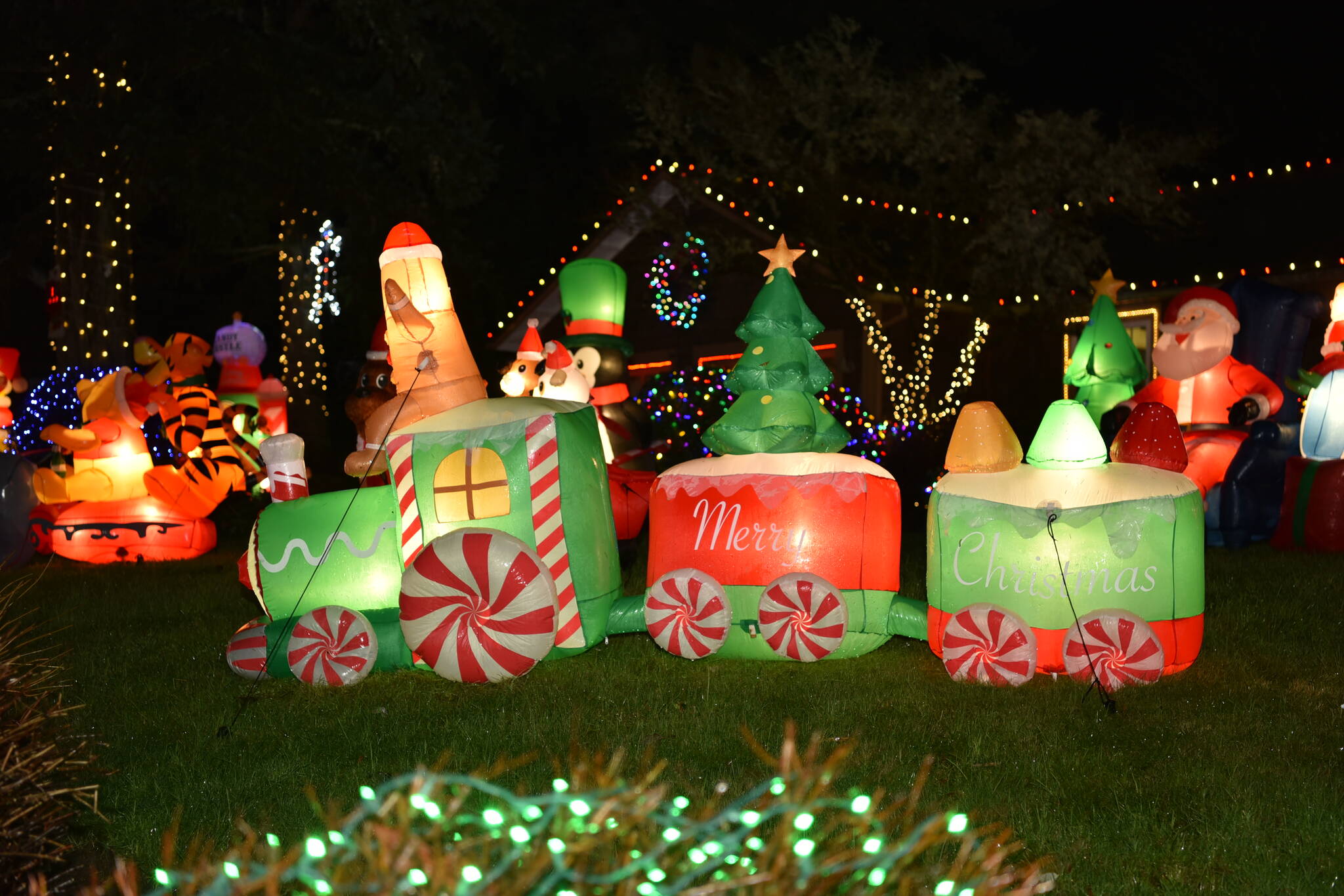 A candy train lights up the night.