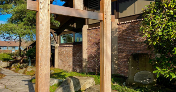 A new tori welcomes visitors to the garden at the Bainbridge Island Public Library. Nancy Treder/Bainbridge Island Review photos