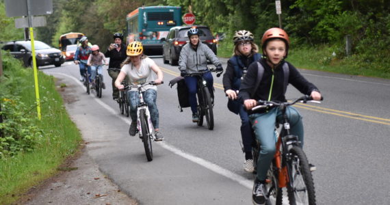 Bainbridge Island kids took their bikes on the road in a coordinated group ride with adult guides for the annual Bike to School Day May 20. Bikes of all colors and sizes were seen all around the island and parked in temporary lots at schools. Nancy Treder/Bainbridge Island Review photos