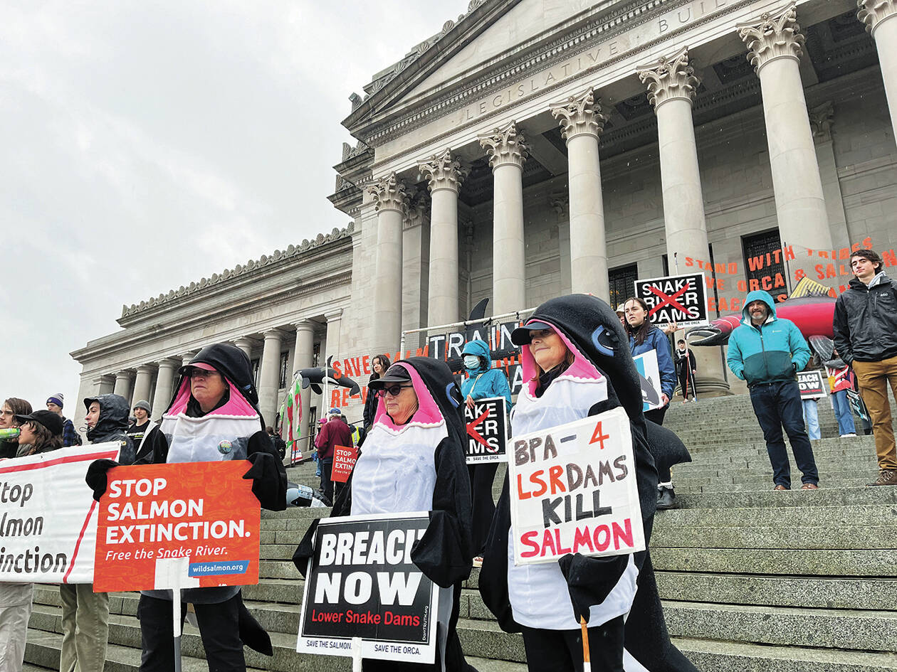 Members of the Washington Youth Ocean and River Conservation Alliance and the Earth Ministry/Washington Interfaith Power & Light march from the Olympia Ballroom to the steps of the Capitol Jan. 13. Renee Diaz Courtesy Photo