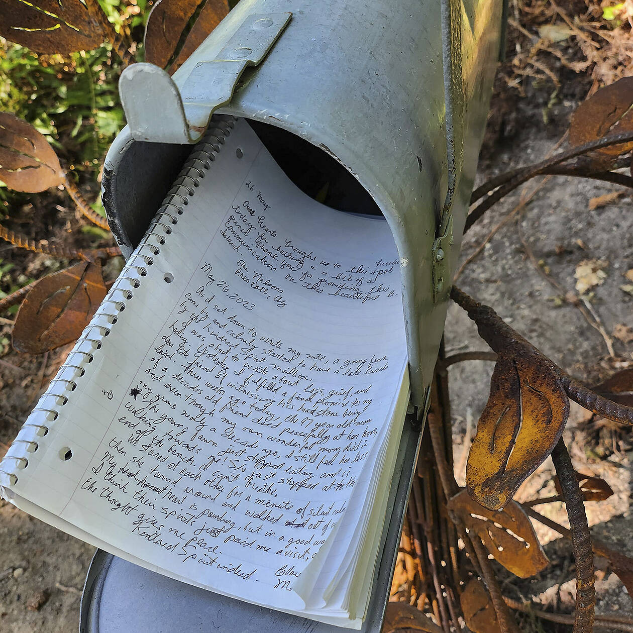 Bainbridge Island City Councilmember Clarence Moriwaki left this journal entry in the Kindred Spirit mailbox at Fort Ward Park. It is installed on a tree of life sculpture, and there's also a kids' version. Denise Stoughton courtesy photo