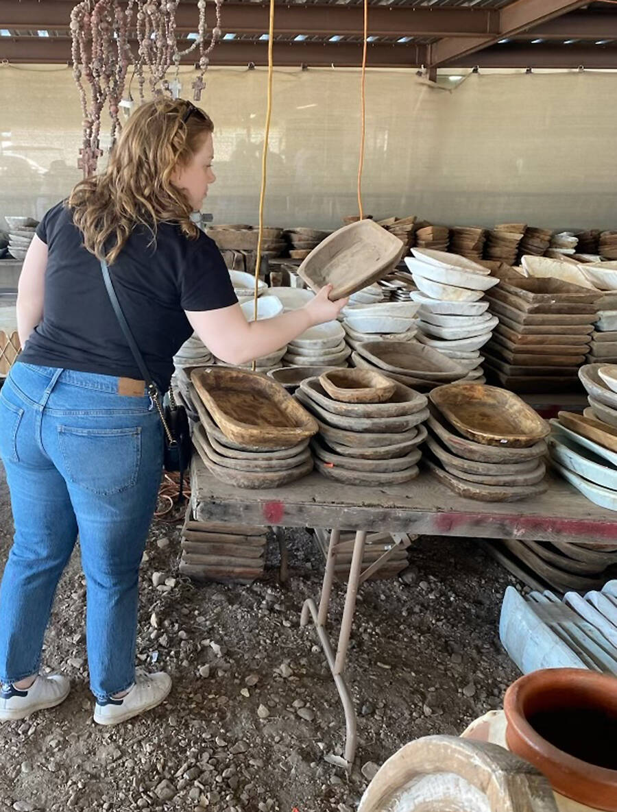 Maggie Stephens courtesy photos
Maggie Stephens assesses stoneware at the Round Top Antique Show in Carmine, TX, in March.