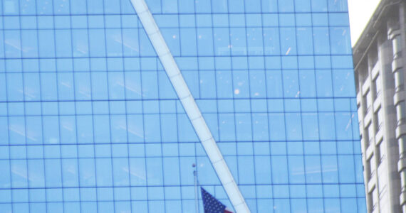 Steve Powell/Kitsap News Group
June 14 is Flag Day in the United States. So you may see more flags on display as you travel around Kitsap County today. But none likely are as majestic as this one seen on the Seattle skyline as you travel there on the ferry from Bainbridge Island.