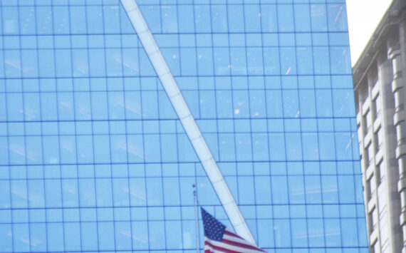 Steve Powell/Kitsap News Group
June 14 is Flag Day in the United States. So you may see more flags on display as you travel around Kitsap County today. But none likely are as majestic as this one seen on the Seattle skyline as you travel there on the ferry from Bainbridge Island.